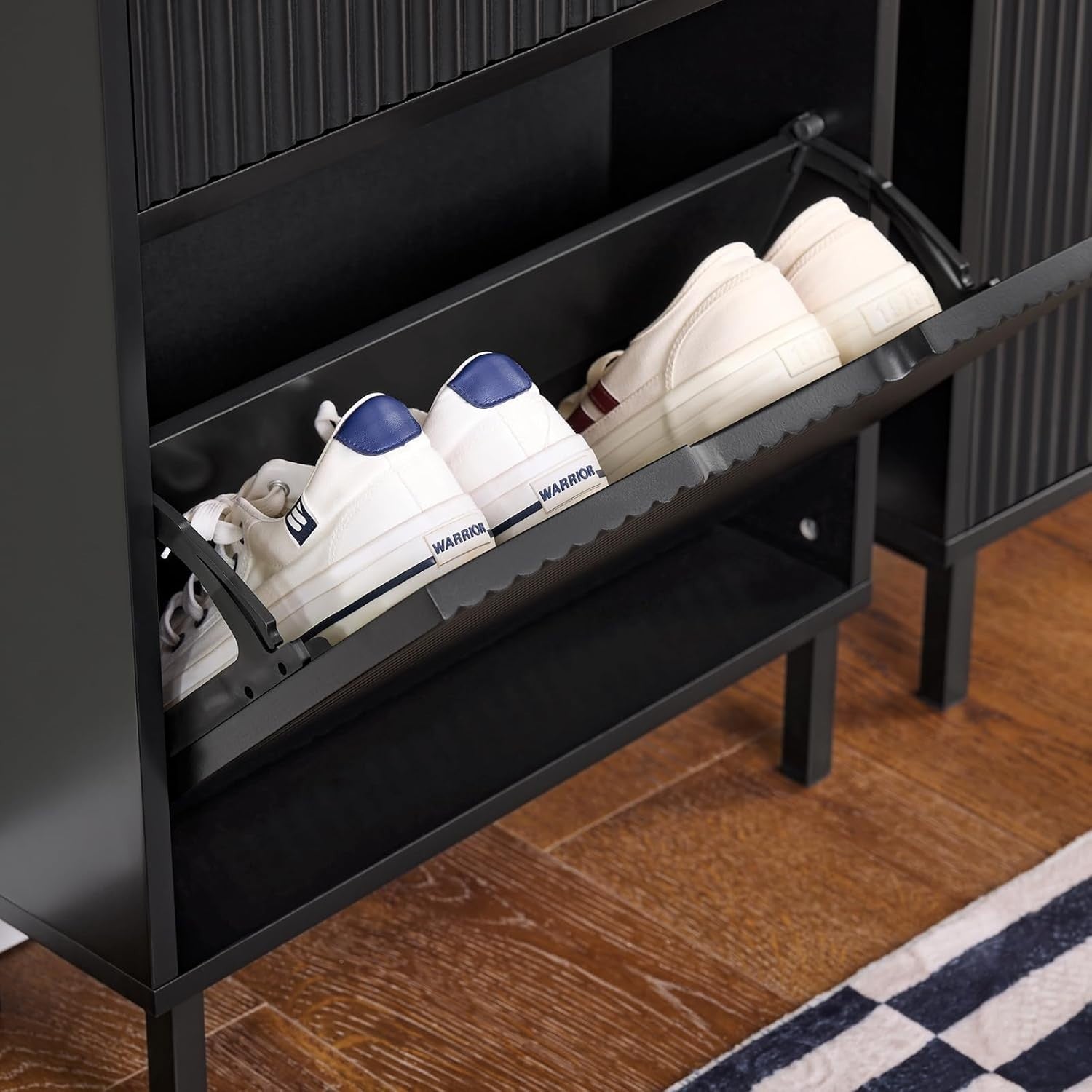 Slim Black Shoe Cabinet 2 Flip Drawers Narrow Hallway Storage 19cm Deep