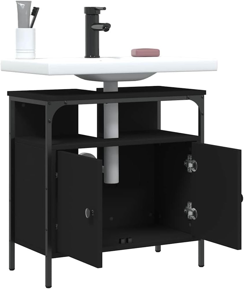 Black Under Sink Bathroom Cabinet 2 Door Vanity Storage Unit with Open Shelf