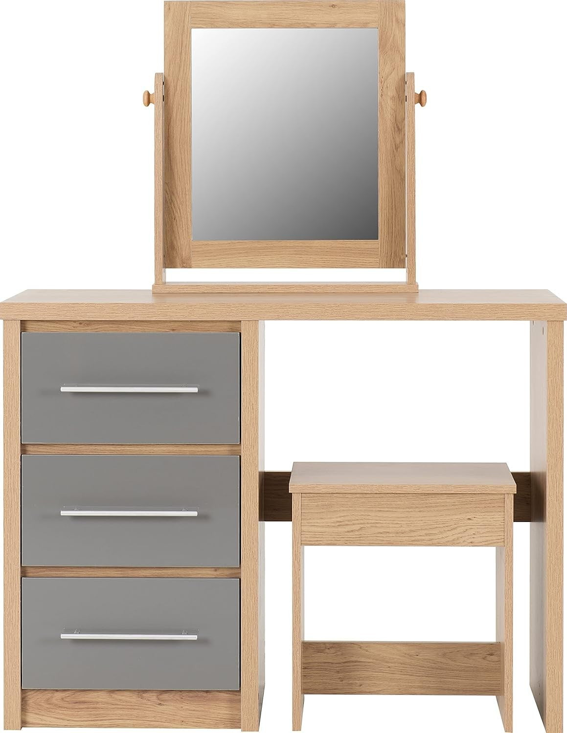 Grey High Gloss Dressing Table Set 3 Drawer Mirror Stool Light Oak Effect Veneer