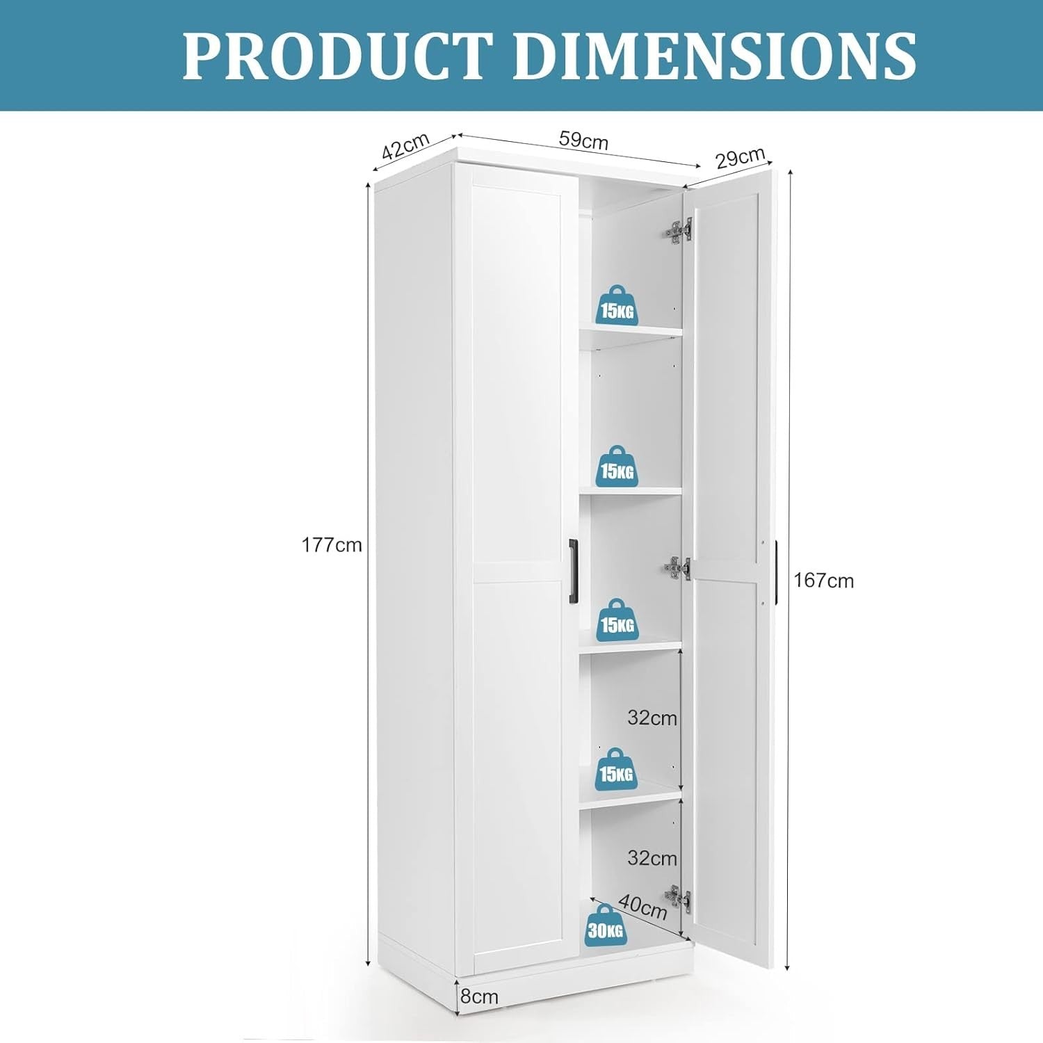 Tall White Storage Cabinet with Shelves & Doors – Ideal Utility Cupboard