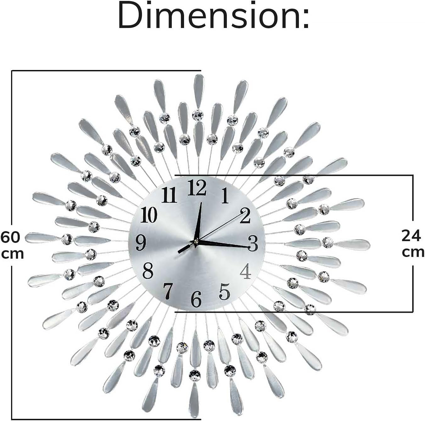 60cm Silver Sunburst Wall Clock – Luxury Diamante Beaded Modern Metal Design