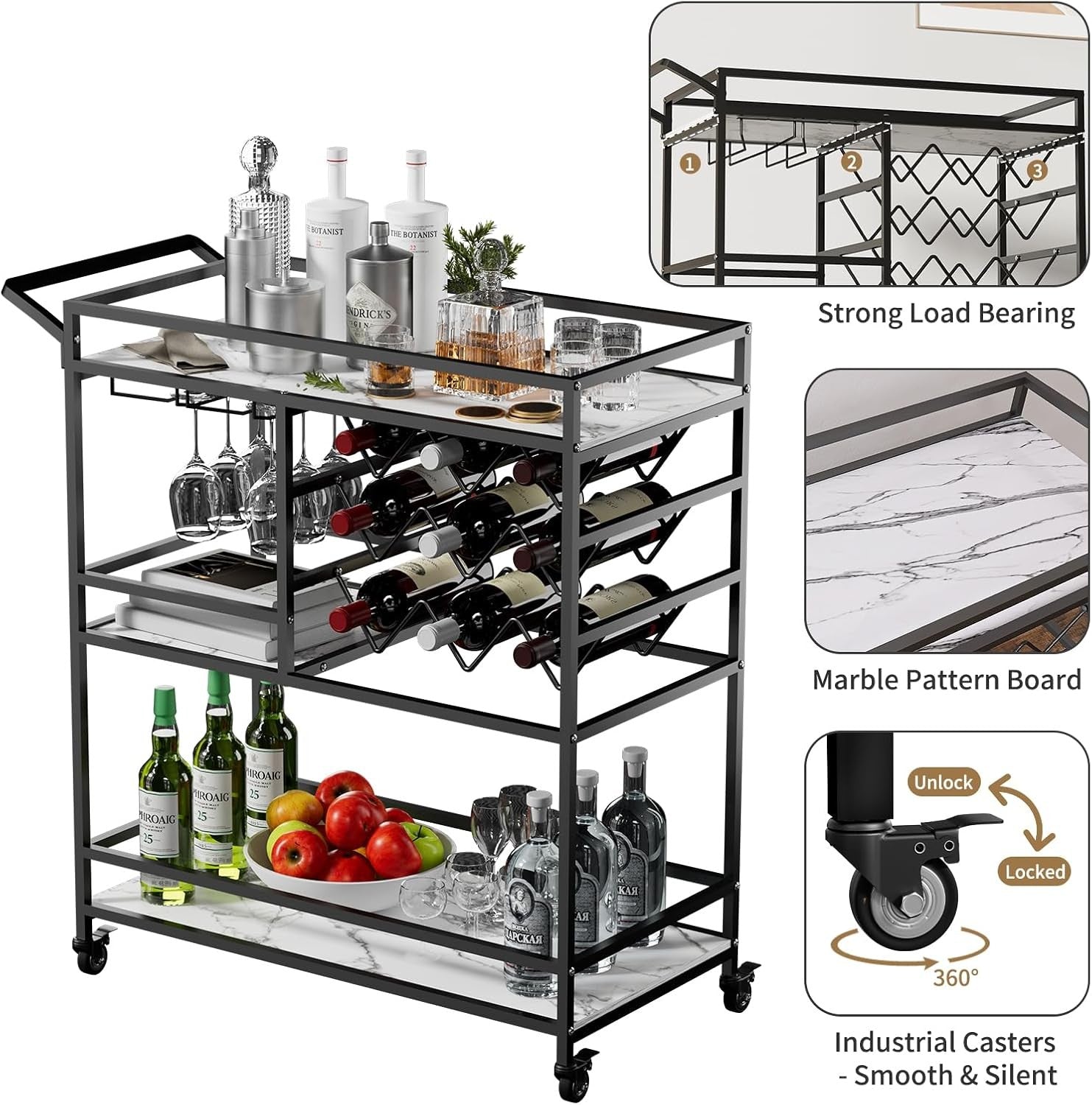 Bar Cart on Wheels with Wine Rack Glass Holder 3 Tier Drinks Trolley