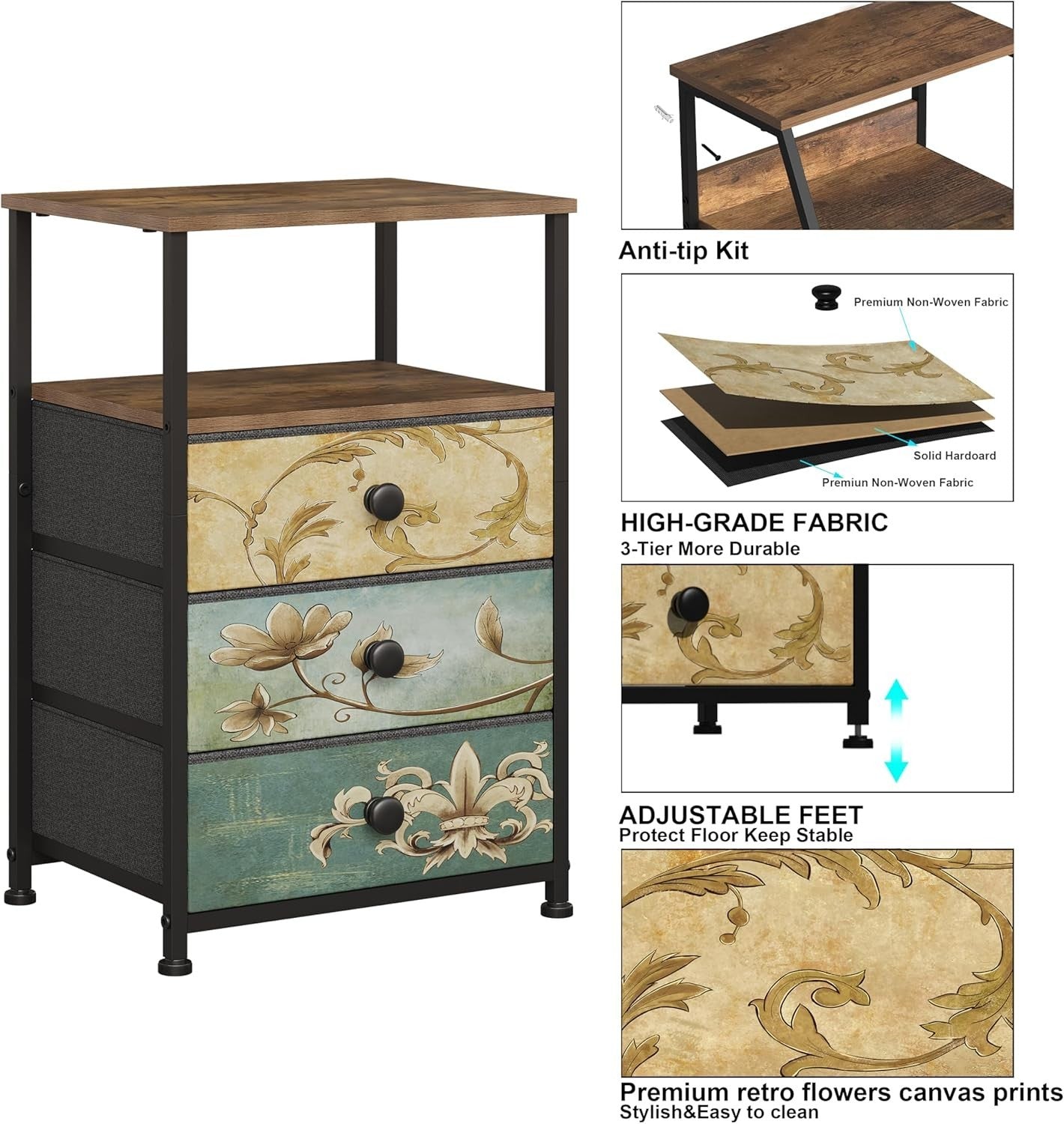 3 Drawer Fabric Chest Boho Dresser Nightstand Side Table Storage Unit