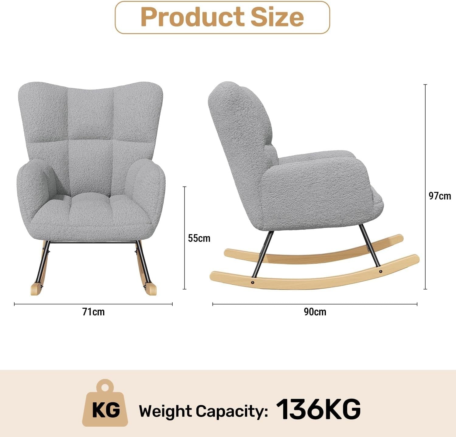 Lambswool Rocking Chair Grey Armchair High Back Comfy Nursery Lounge Seat