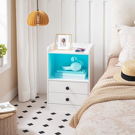 Modern LED Bedside Table with Charging Station, 2 Drawers, Storage Shelf White