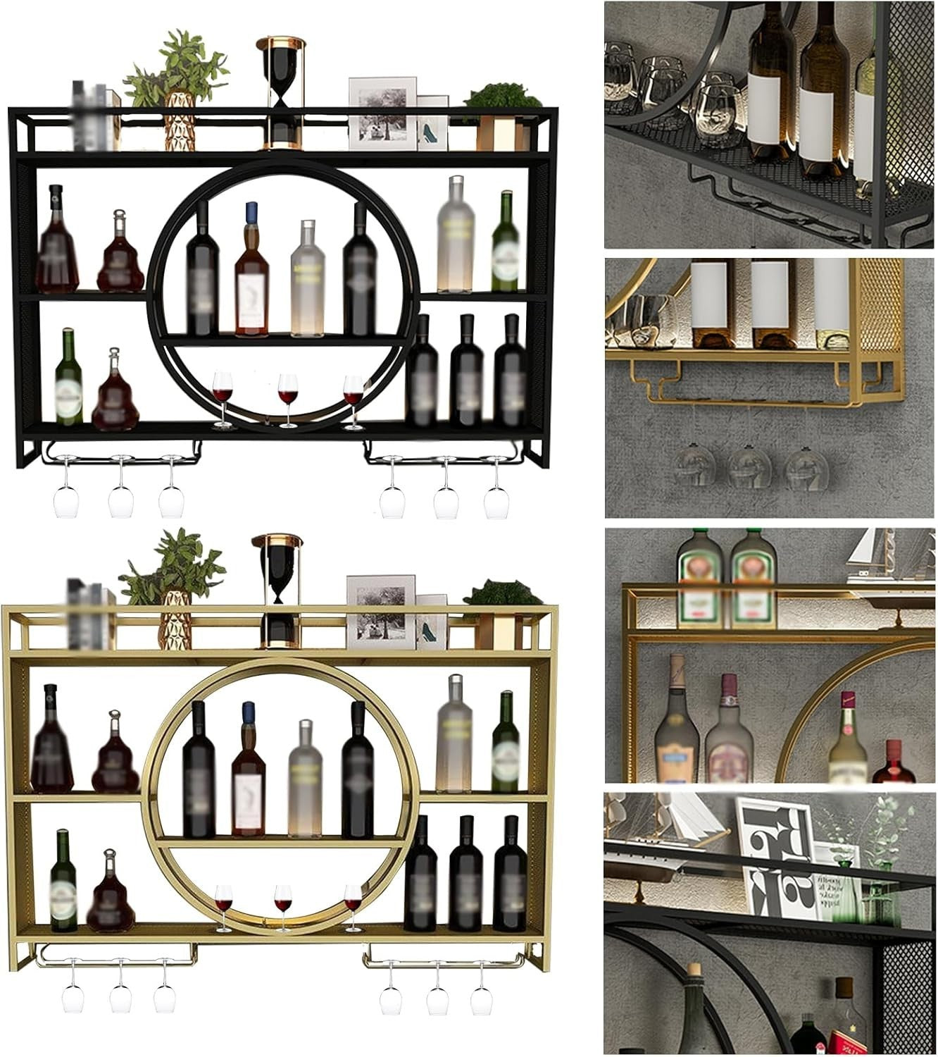Wall Mounted Wine Rack Gold 100cm Bar Shelf with Glass Holders & Bottle Storage