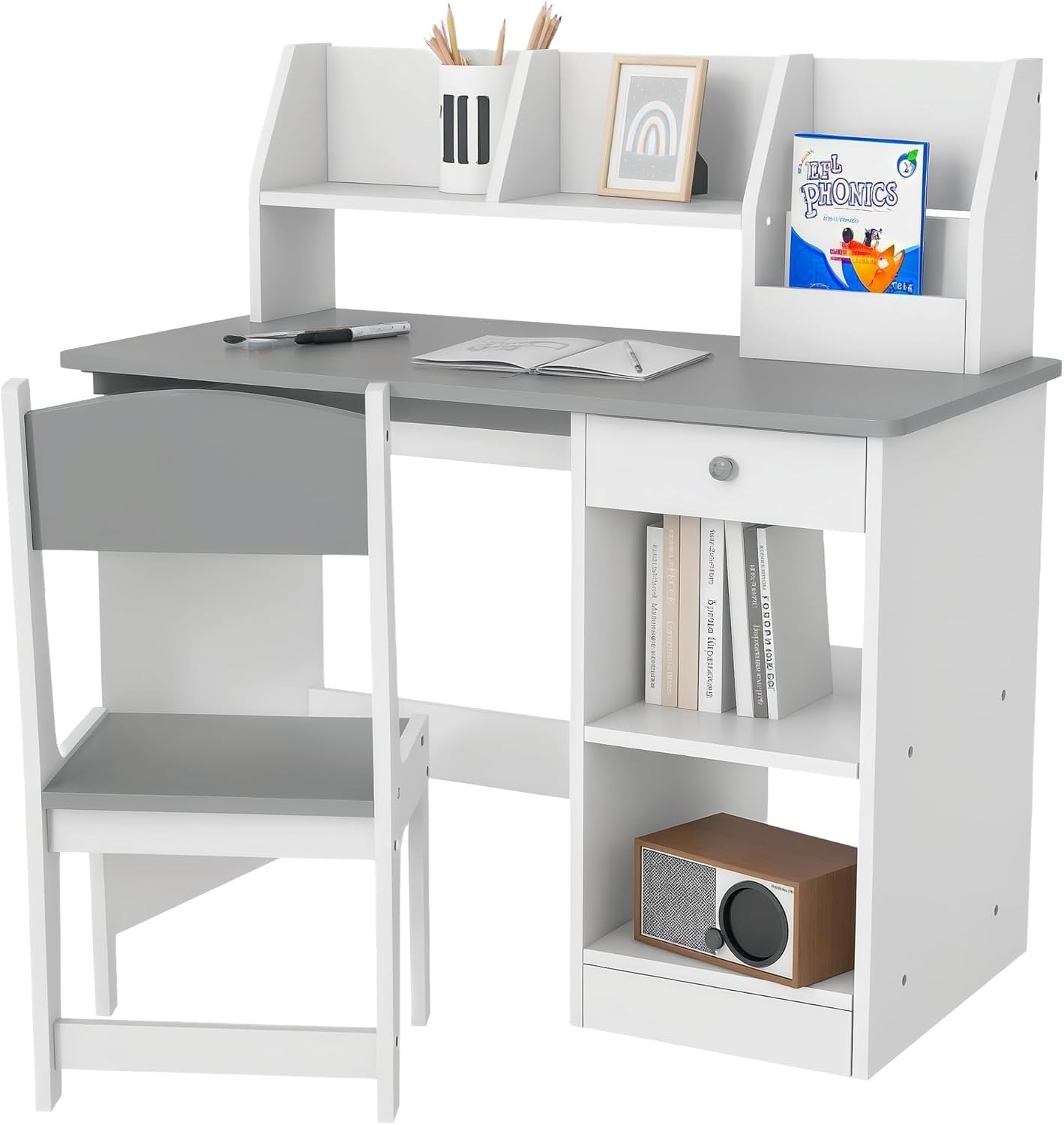 Kids Desk and Chair Set with Storage Drawer Study Table for Ages 5-8 Grey