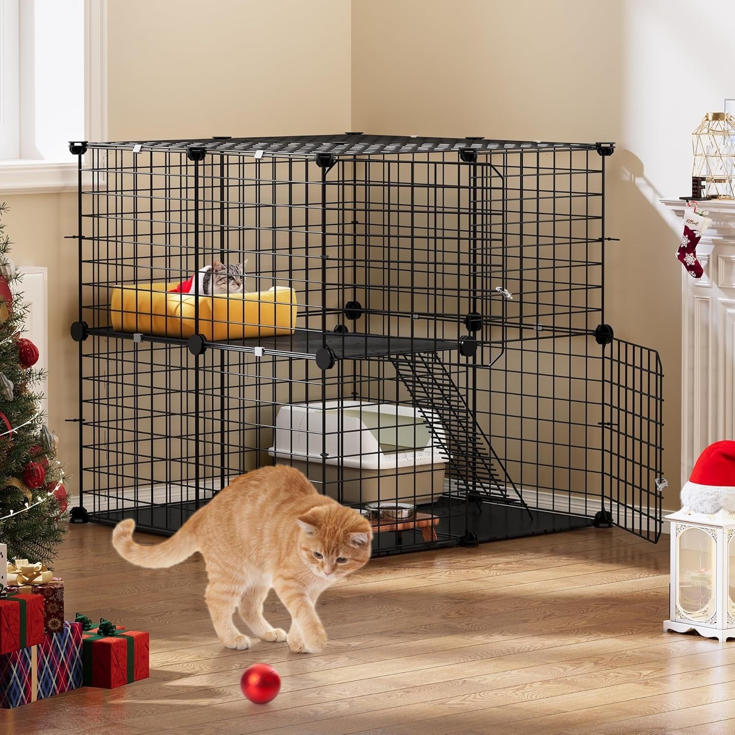 2 Tier Cat Cage Indoor Outdoor Playpen with Ladder & Doors | Metal Pet Enclosure