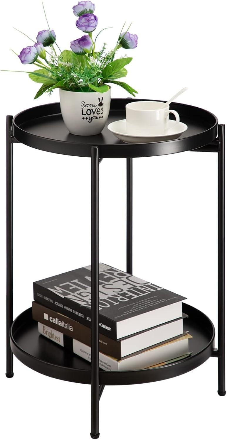 Black Metal Round Side Table – Removable Tray, Small 2 Tier Coffee Table