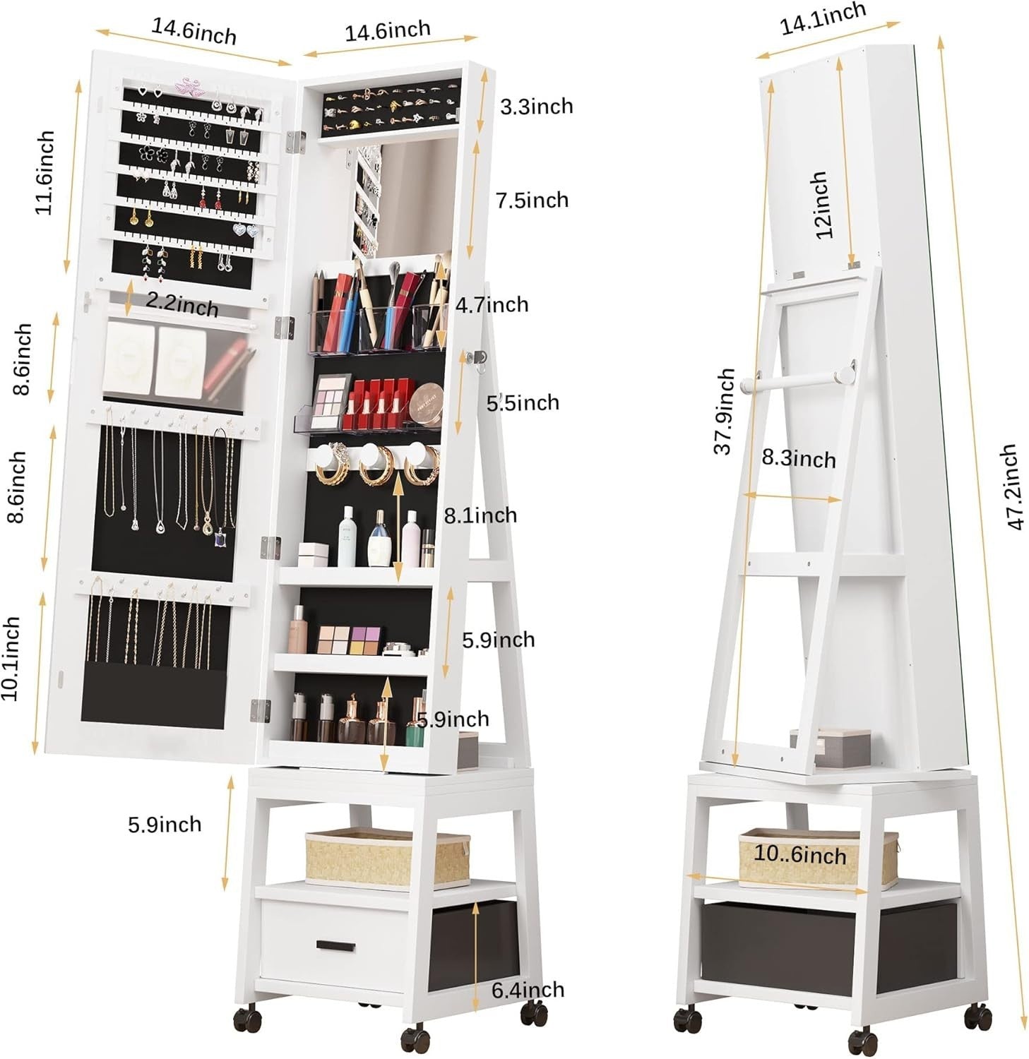 White 360° Rotating Jewellery Cabinet Lockable Full Length Mirror