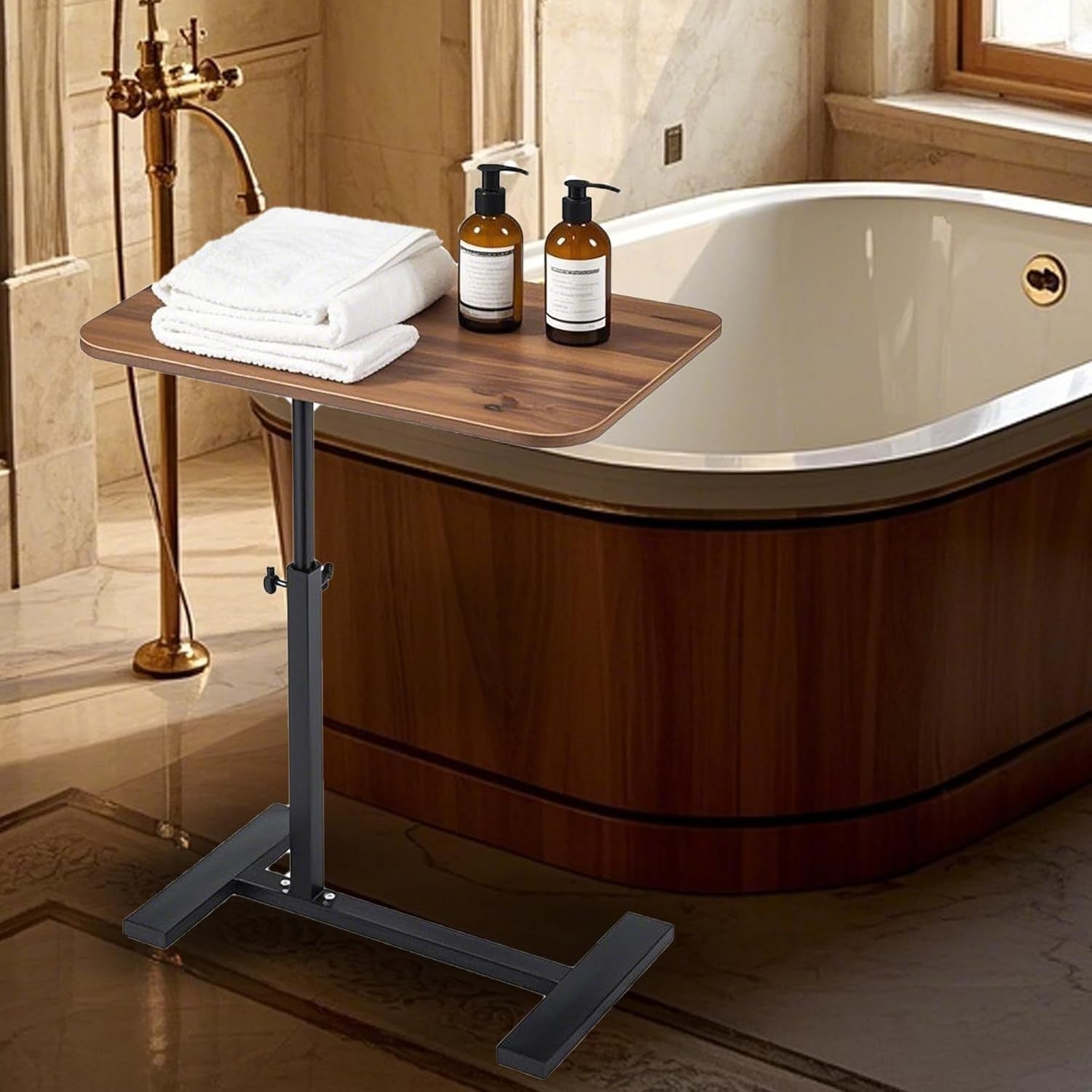 C Shaped Adjustable Sofa Side Table Laptop Desk 360° Swivel Walnut Top