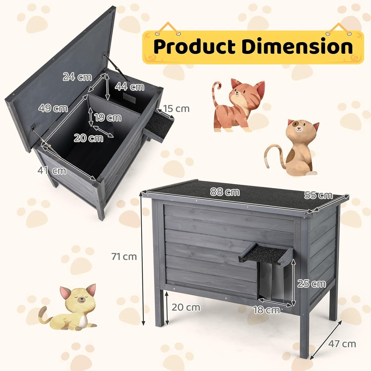 Outdoor Insulated Cat House Weatherproof Wooden Shelter for Feral Cats