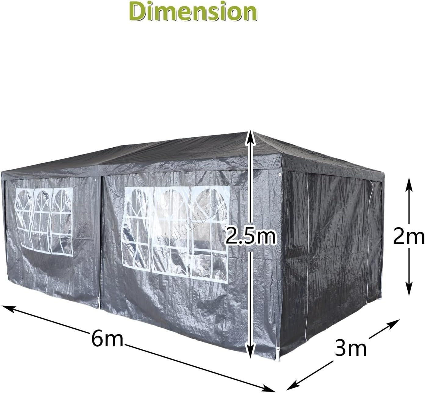 3x6M Steel Frame Gazebo With 6 Sidewalls Waterproof Garden Party Tent Grey
