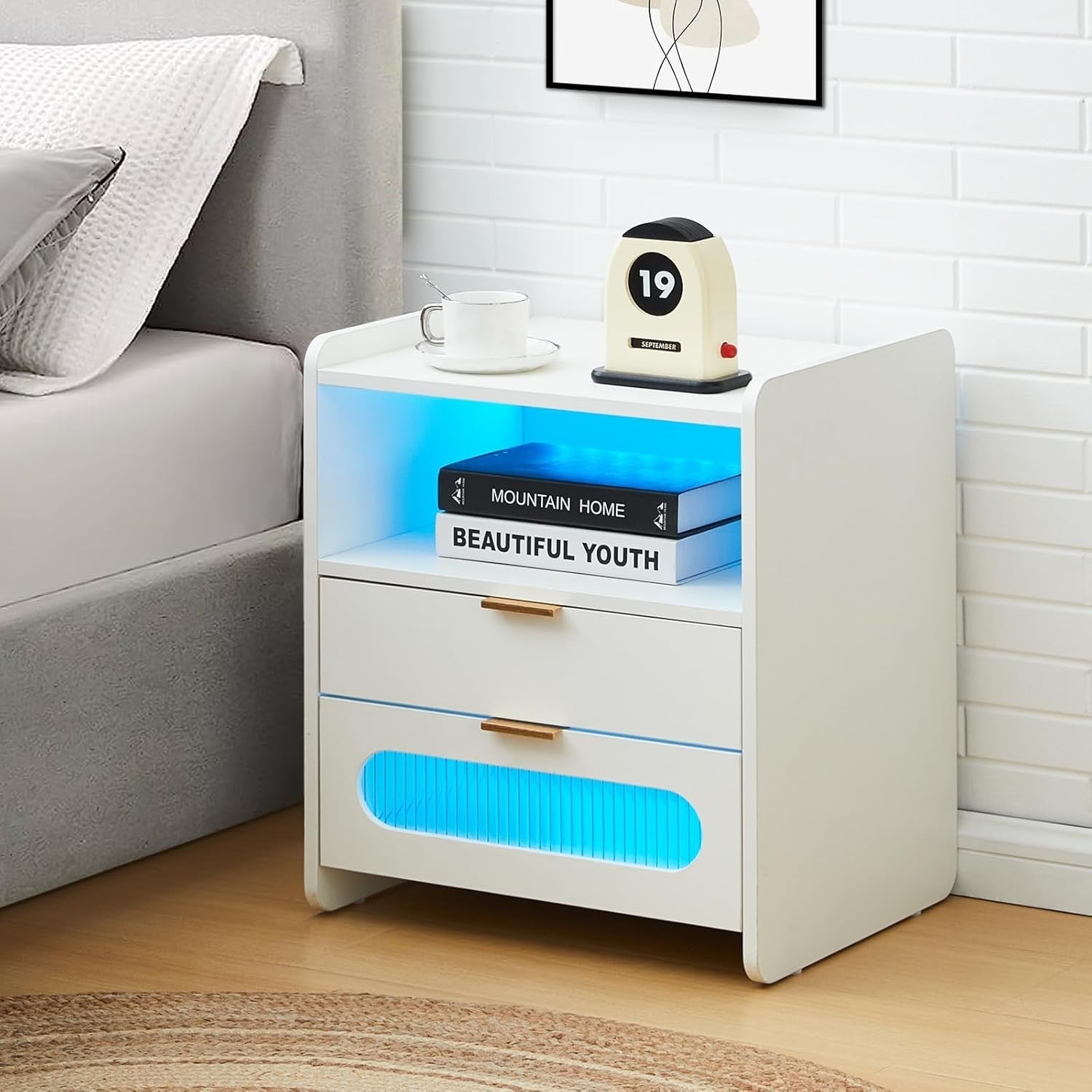 Modern White Bedside Table with LED Lights & USB Charging Ports, 2 Drawers