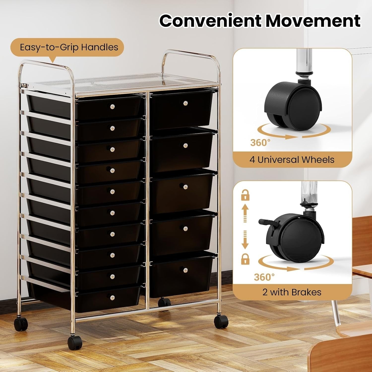 15 Drawer Mobile Storage Cart Rolling Organizer Trolley Lockable Wheels