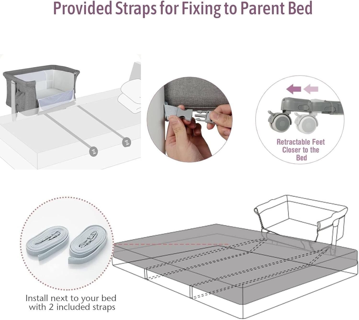 3-in-1 Baby Bedside Crib with Adjustable Heights, Mattress & Carry Grey