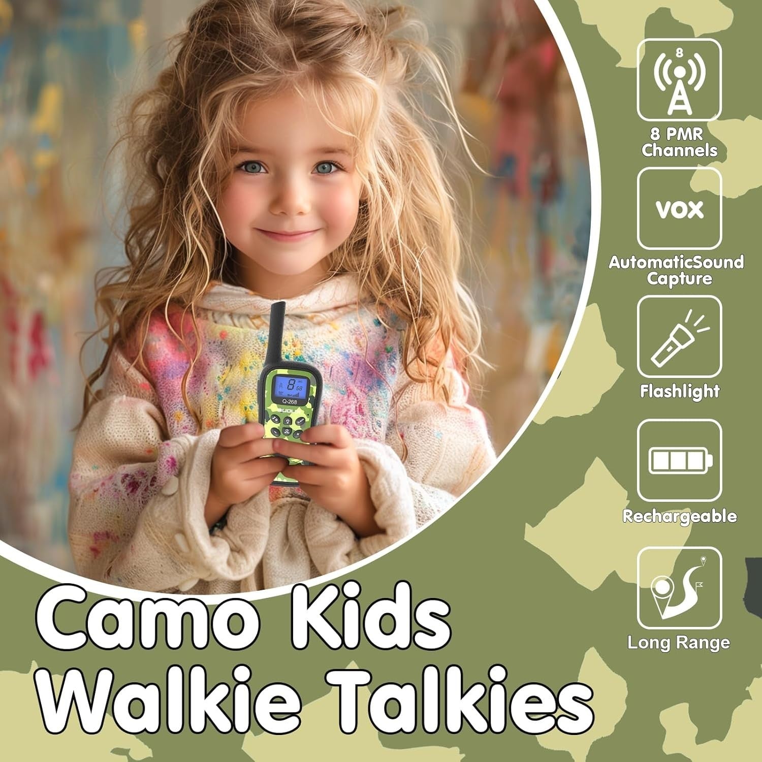 Kids Rechargeable Walkie Talkies 2 Pack Long Range VOX Flashlight