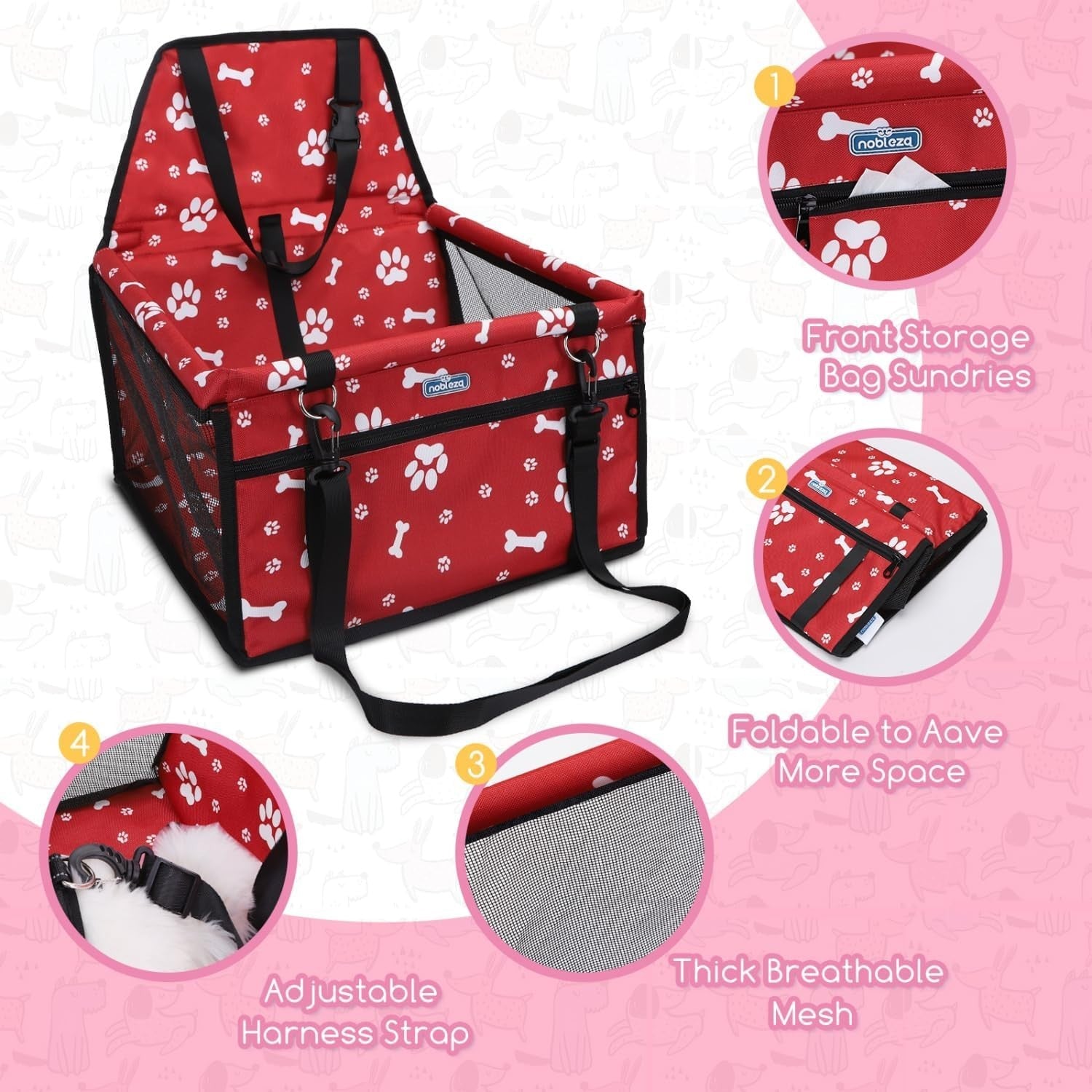 Dog Booster Car Seat Waterproof Foldable Travel Carrier Red Small