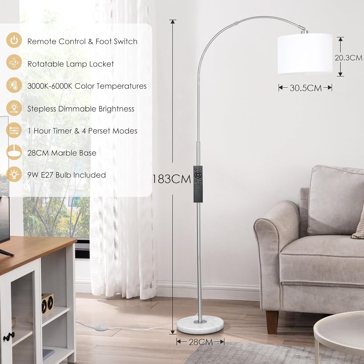 Arc Floor Lamp Silver Remote Dimmable LED Tall Living Room Bedroom Light