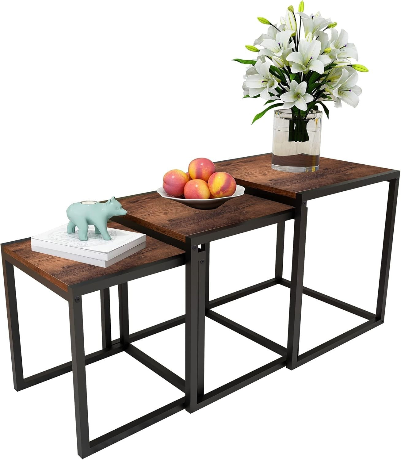 Space Saving Nesting Coffee Tables Set of 3 Metal Frame Brown Living Room