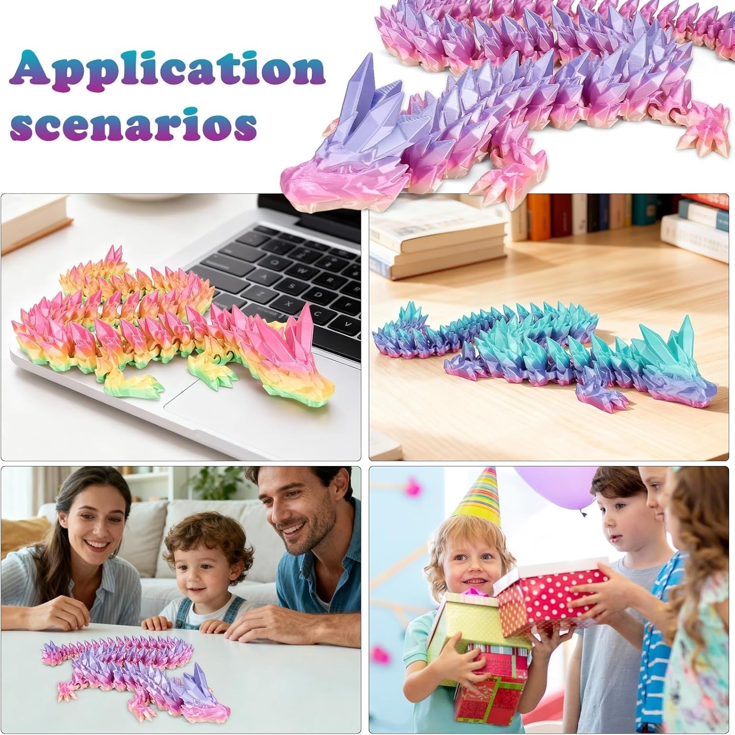 Large 3D Printed Rainbow Crystal Dragon Articulated Fidget Desk Decor