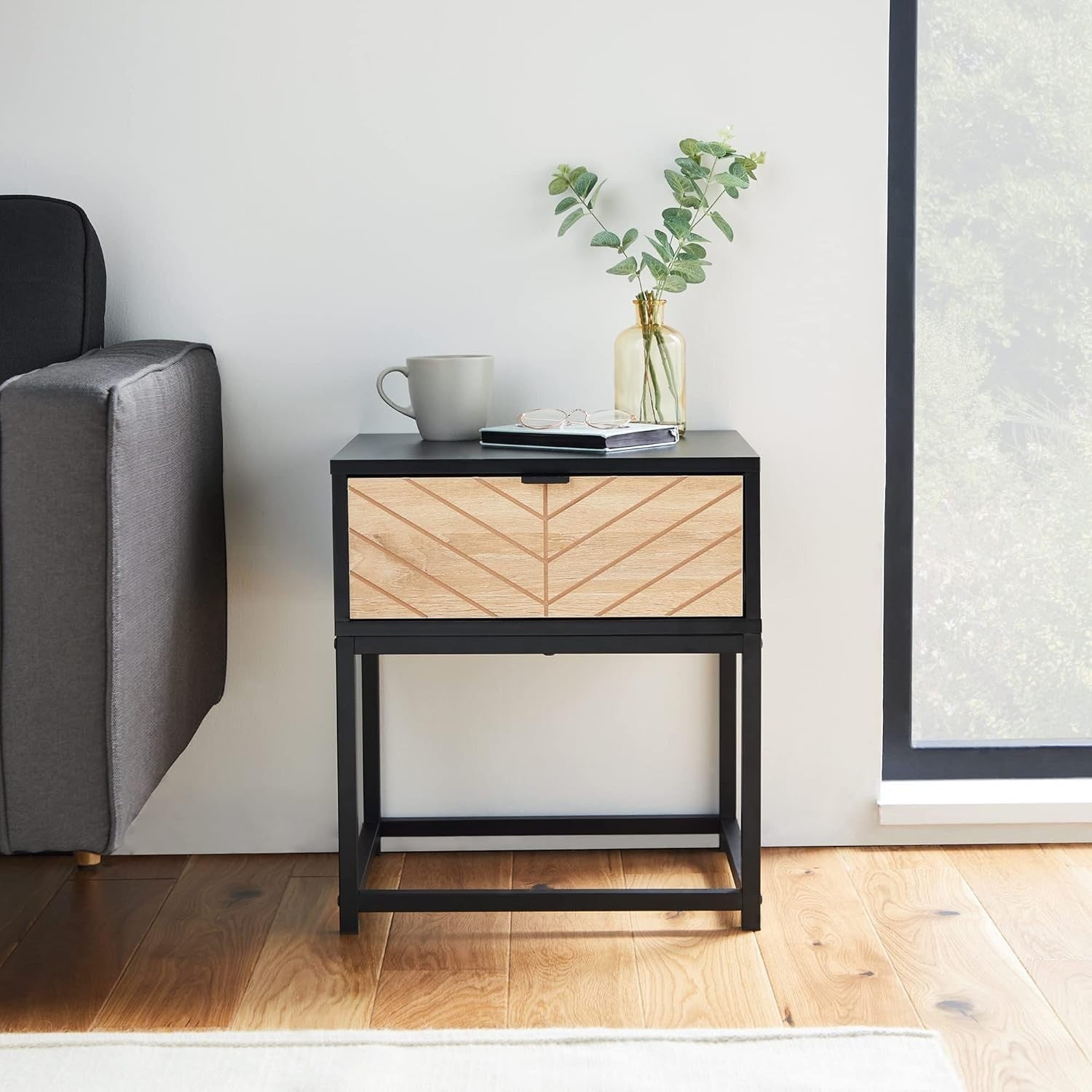 Set of 2 Modern Industrial Bedside Tables | Black & Light Wood Nightstands