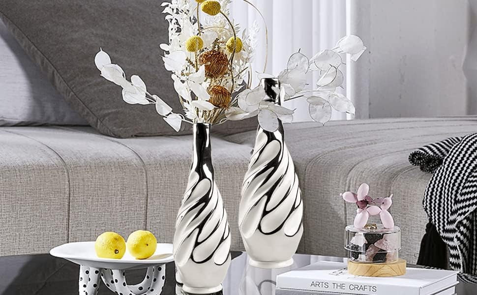 Silver Ceramic Vase Set 2 Modern Pampas Grass Table Living Room Decor