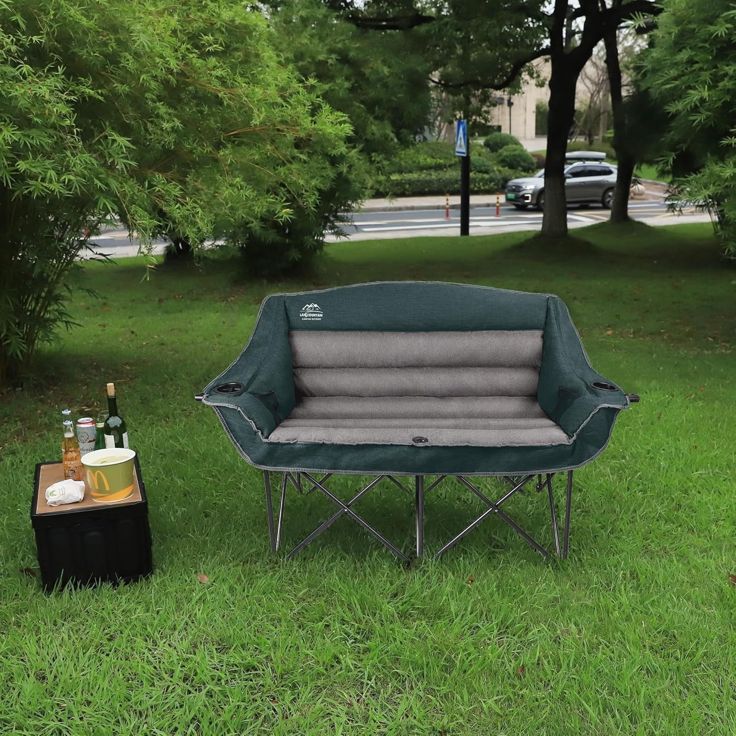 600lbs Padded Double Camping Chair Loveseat w/ Cup Holder Foldable