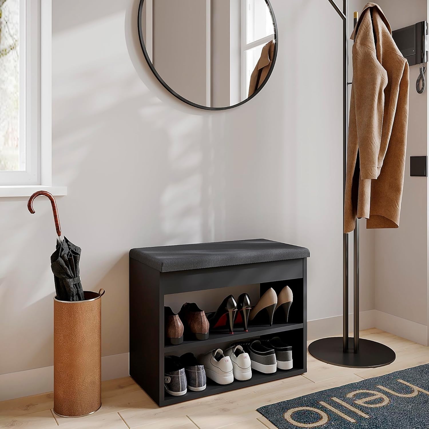 Black Grey Shoe Storage Bench with Padded Seat & Hidden Storage 60cm