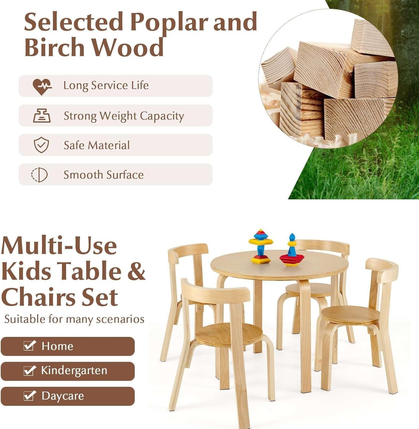Kids Wooden Round Table & 4 Chairs Set Natural Finish Ergonomic Design