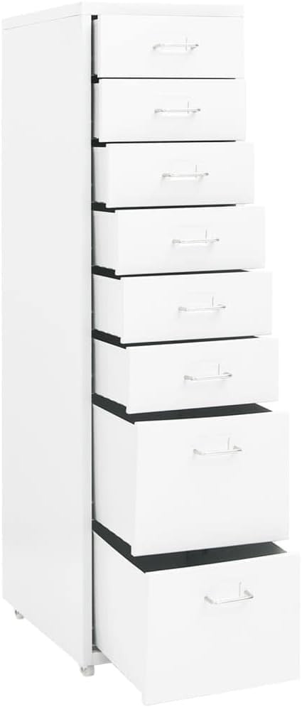 White Mobile Filing Cabinet 8 Drawer 109cm Rolling Metal Storage