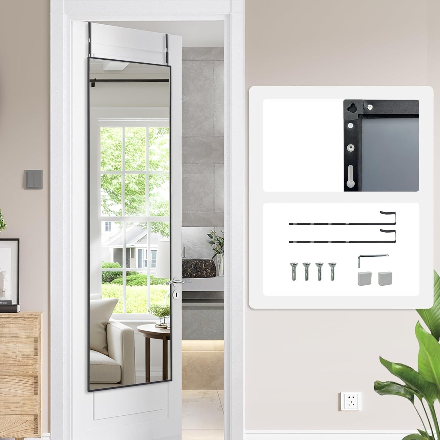 Full Length Over Door Mirror 122x35cm with Black Aluminum Frame