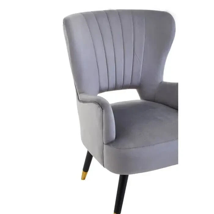 Grey Velvet Armchair Cut Out Back Gold Tip Legs Lounge Bedroom Chair