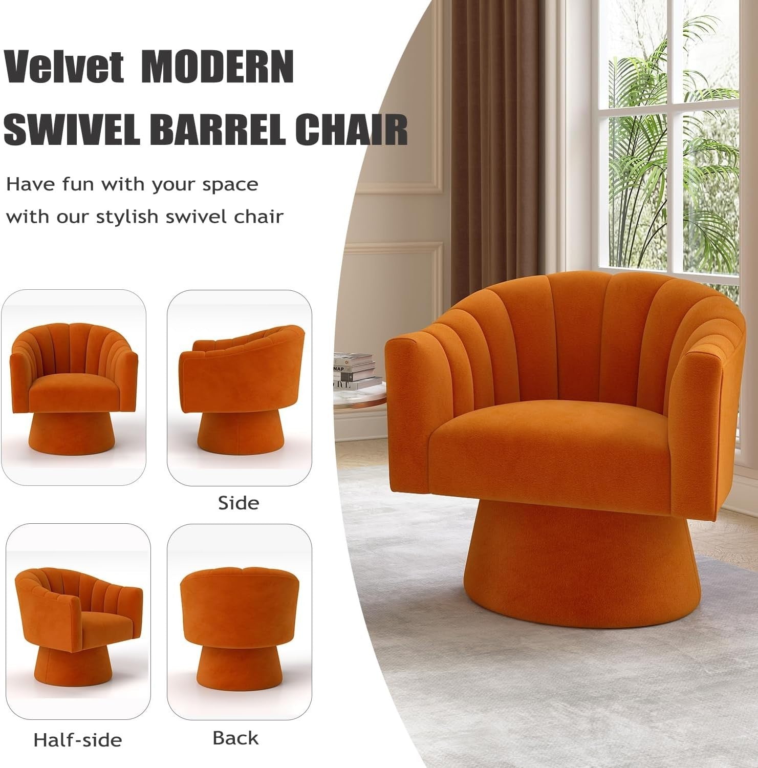 Orange Velvet Swivel Accent Chair 360° Modern Armchair for Lounge Room