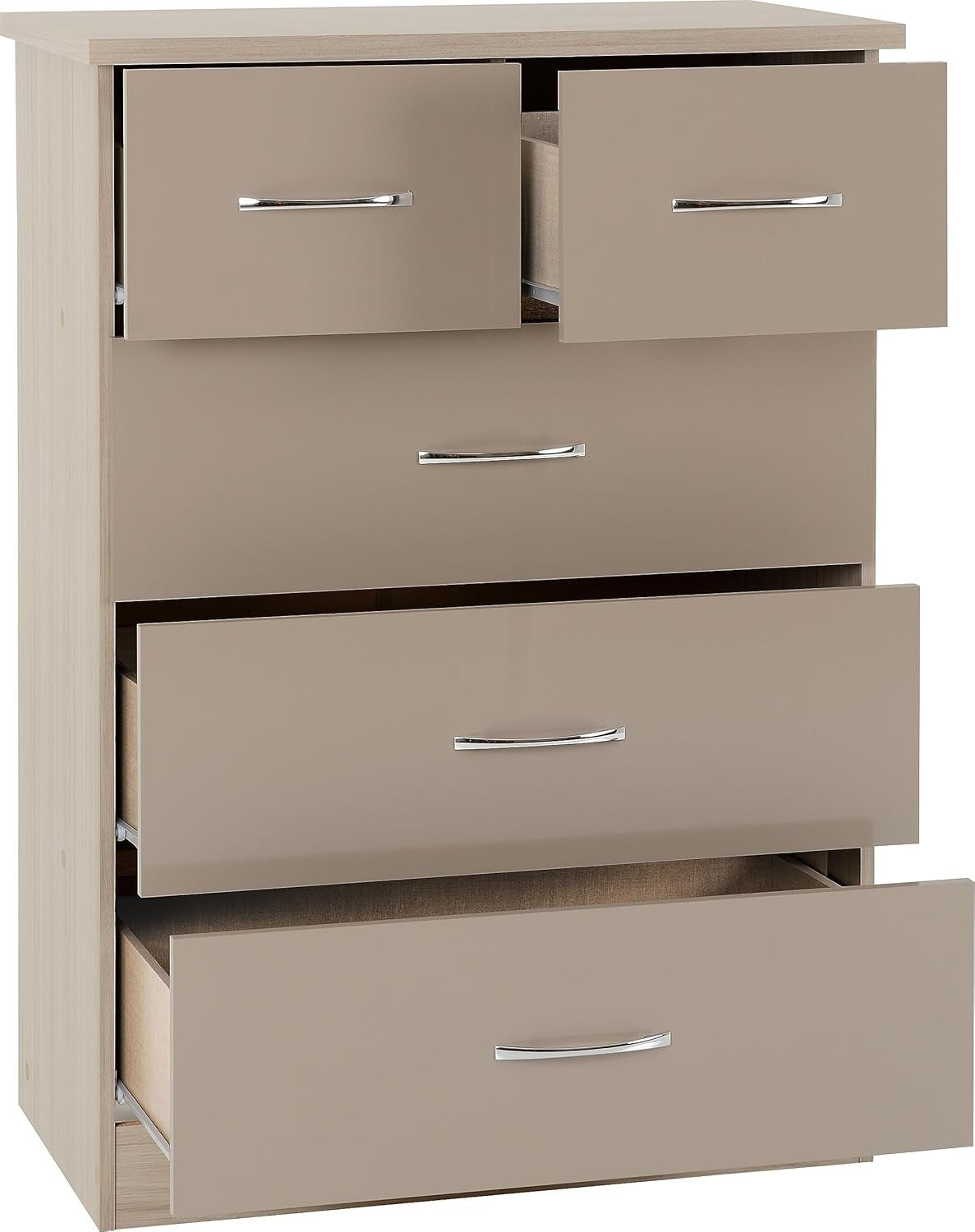 5 Drawer Chest Tallboy Storage Unit Gloss Oak Veneer Bedroom Cabinet