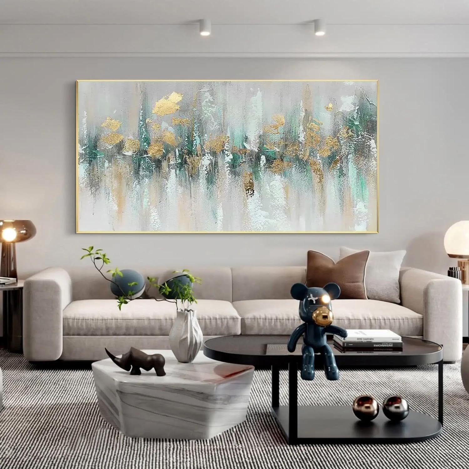 Large Gold Teal Abstract Canvas Wall Art 160x80cm Modern Decor