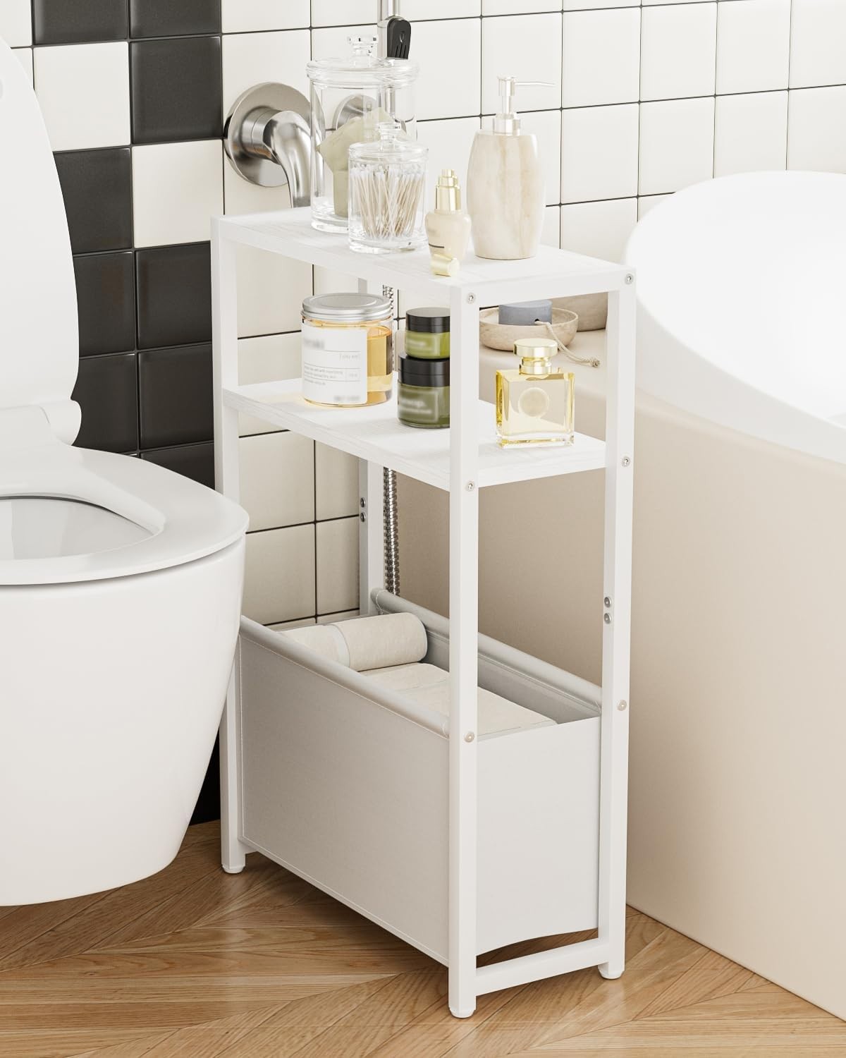 Slim White Side Table with Storage, Space-Saving Design for Small Spaces