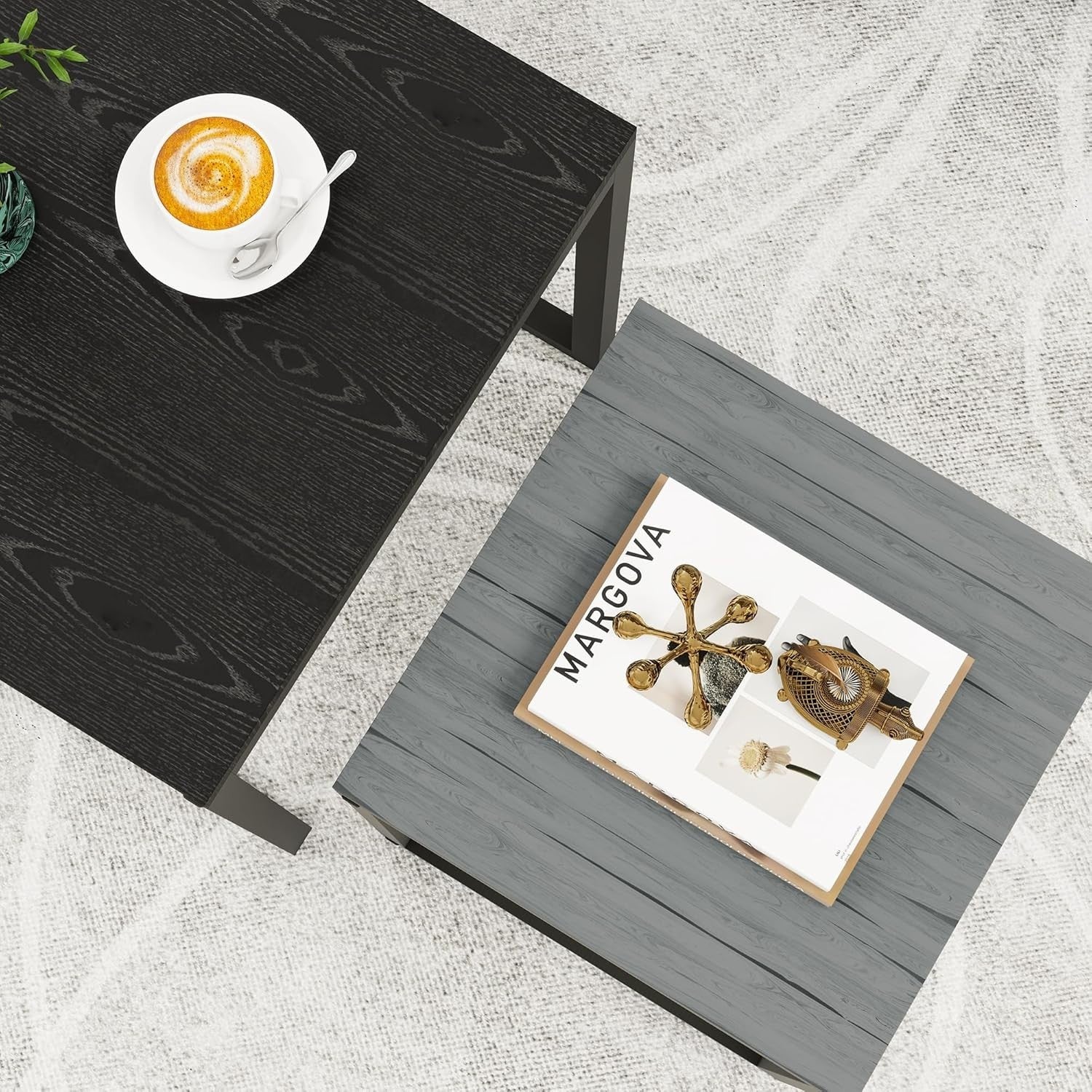 Nesting Coffee Table Set Black Grey Metal Wood Modern Living Room End Side