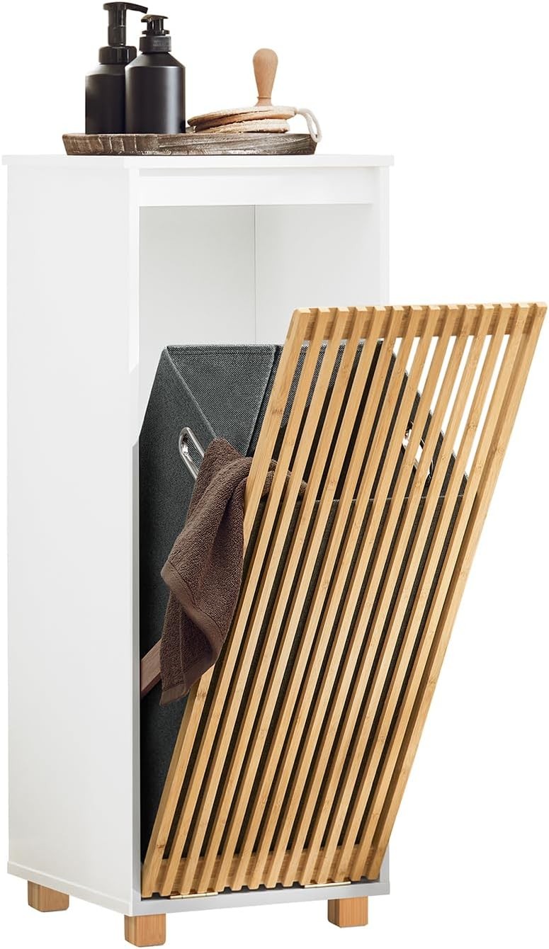 Slim Laundry Cabinet with Removable Basket Bathroom Storage Bamboo Door White