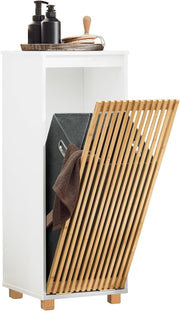 Slim Laundry Cabinet with Removable Basket Bathroom Storage Bamboo Door White