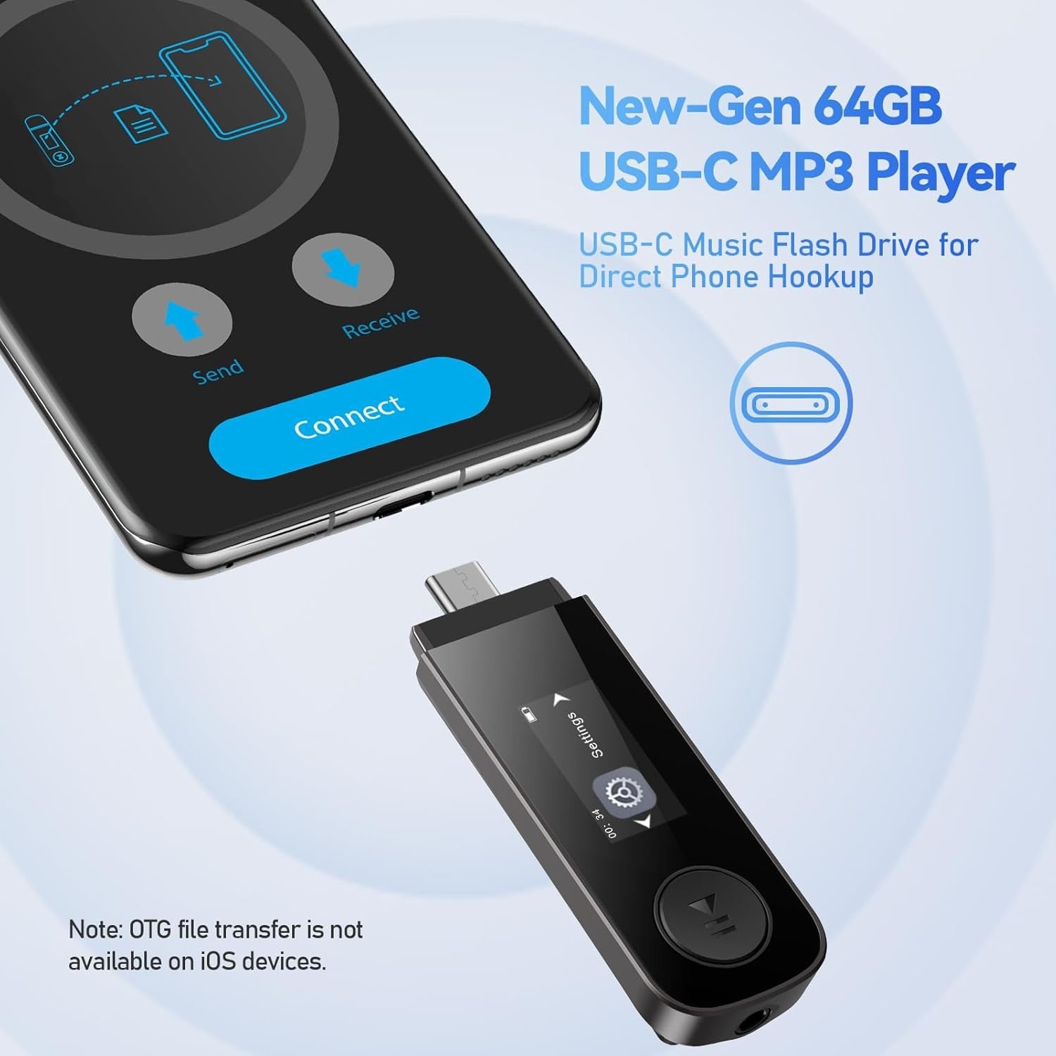 AGPTEK 64GB Bluetooth MP3 Player with Clip, USB & Type-C – Black