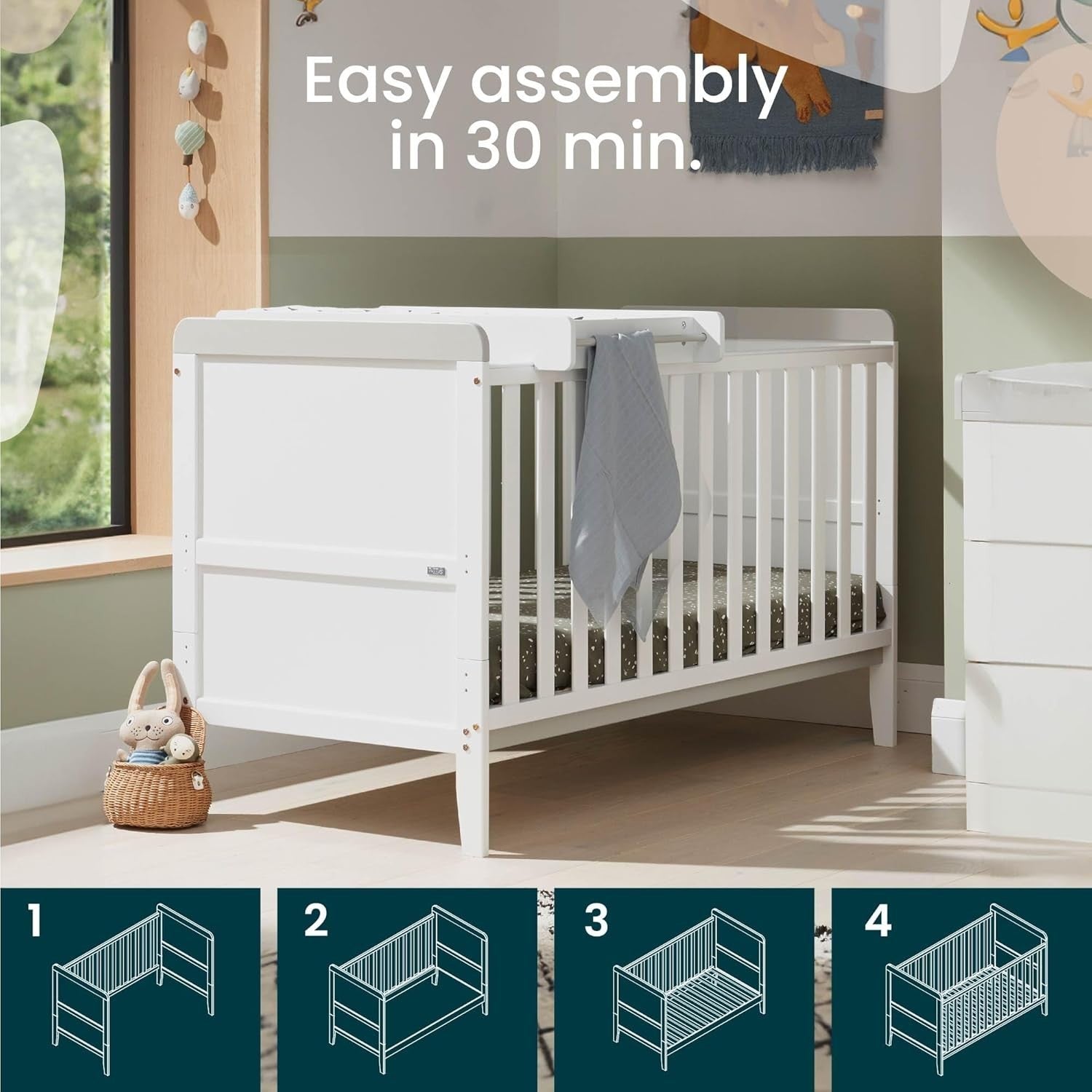 3in1 Mini Cot Bed Drawer Toddler Sofa Adjustable Height Wooden Frame White/Grey