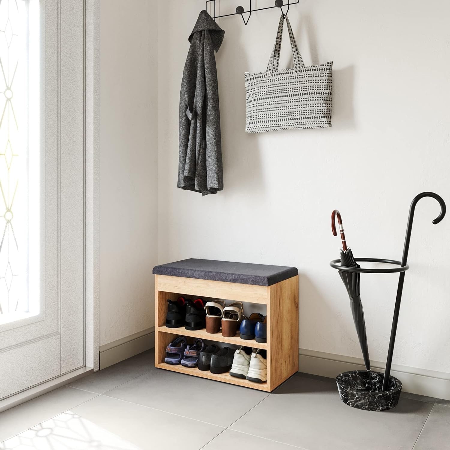 Compact Sonoma Oak Shoe Bench with Cushion Hidden Storage Entryway Seat