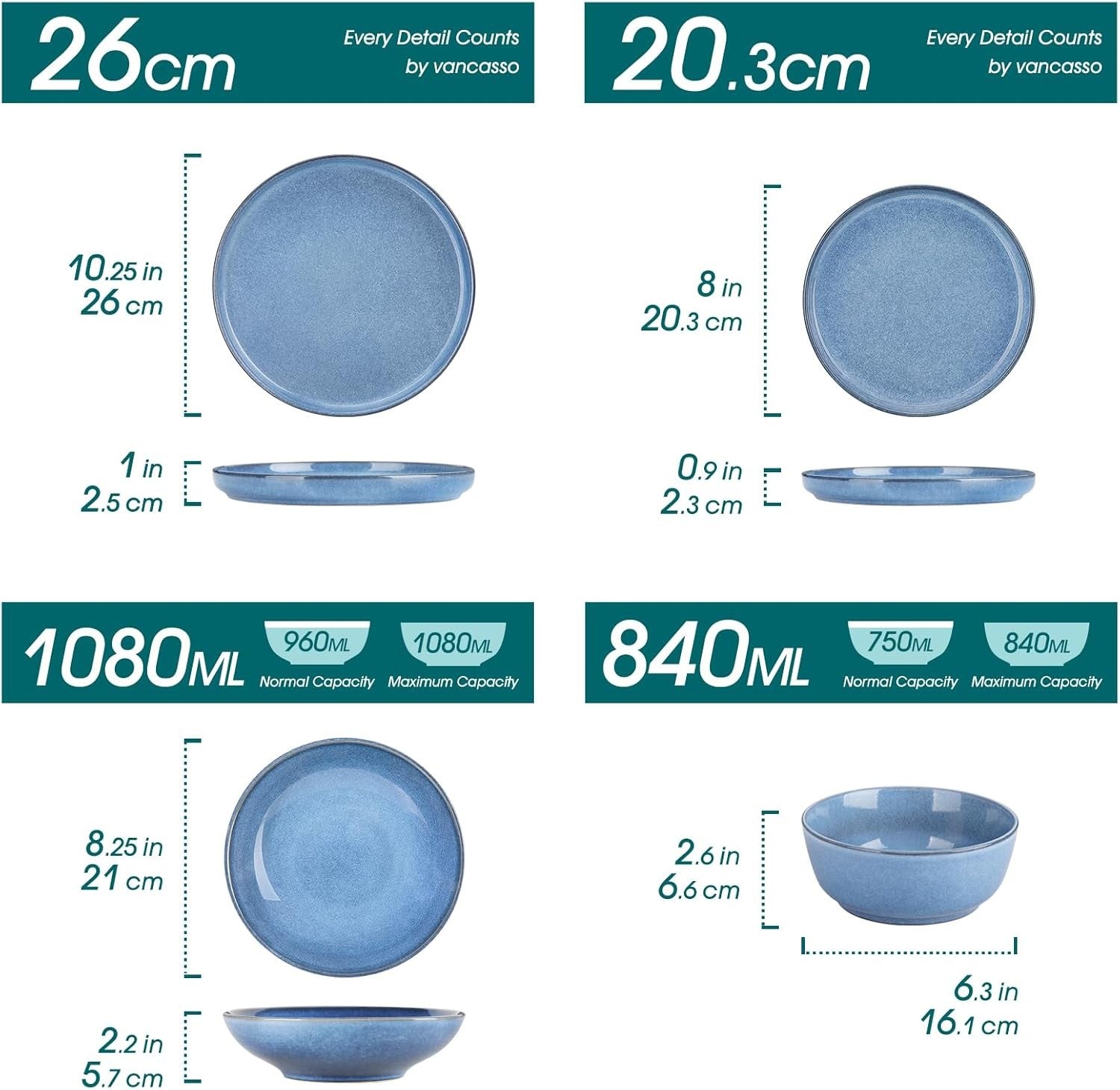 24pc Ceramic Dinner Set Blue Plates Bowls Microwave Dishwasher Safe