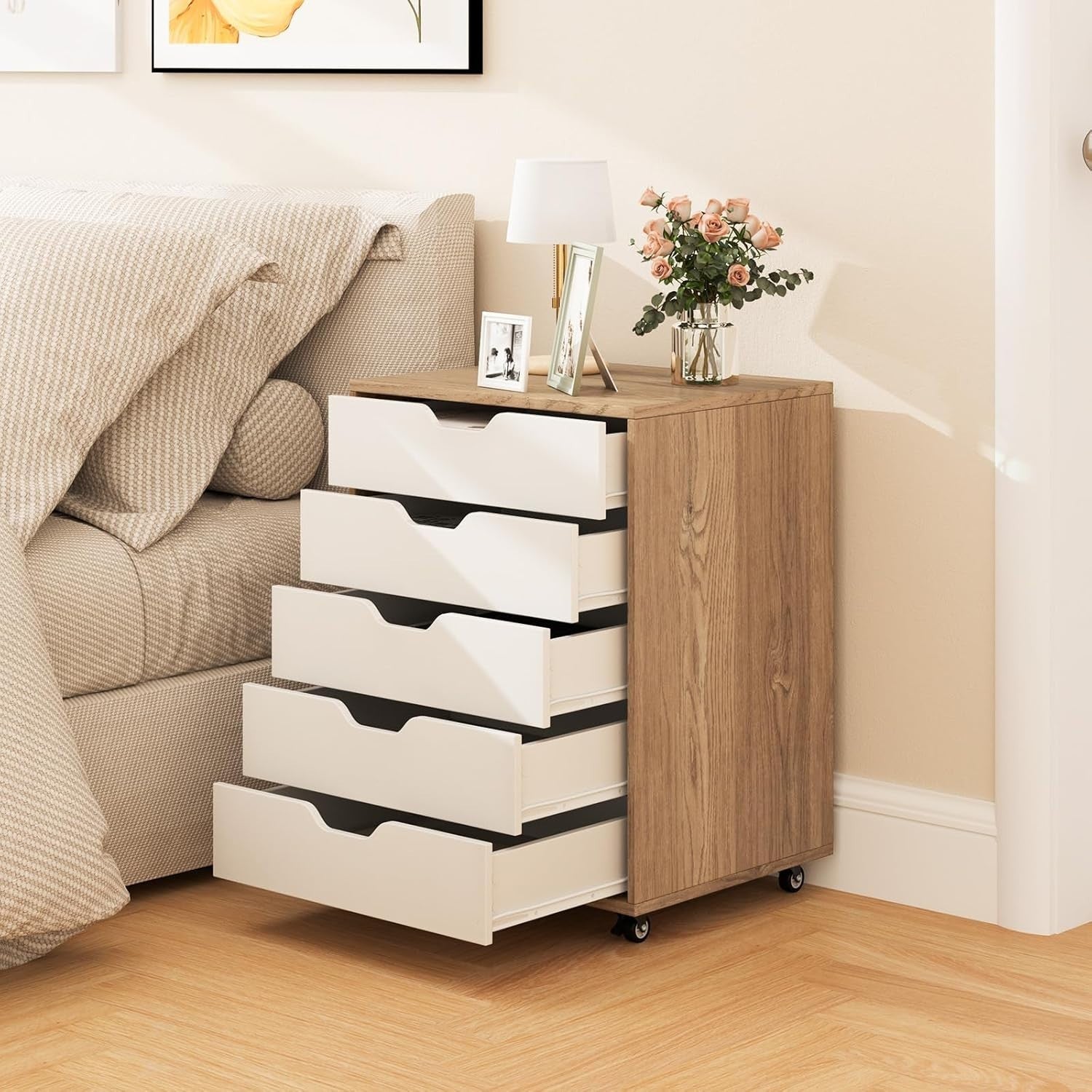 Natural White Mobile Filing Cabinet 7 Drawer Storage Unit Wheels for Home Office