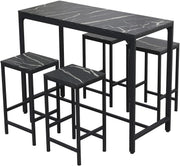5Pcs Bar Table Set with 4 Stools Black Marble Top Dining Kitchen Unit Furniture