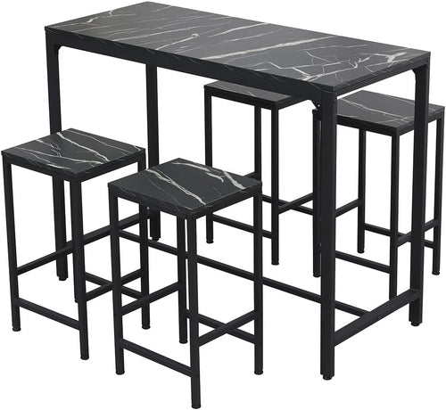 5Pcs Bar Table Set with 4 Stools Black Marble Top Dining Kitchen Unit Furniture