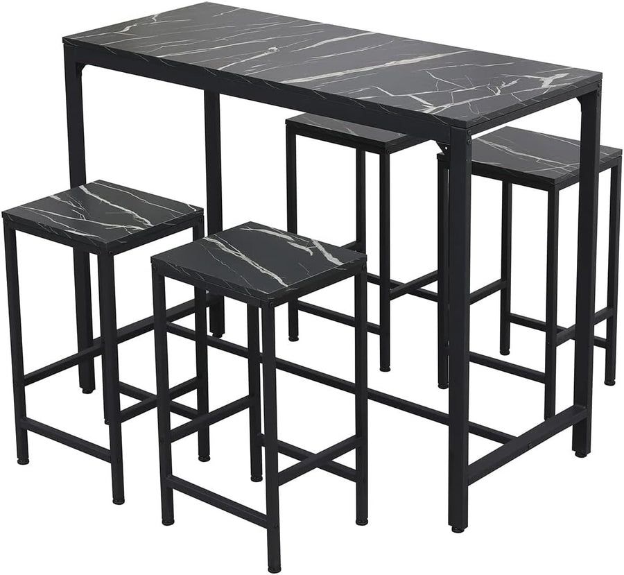 5Pcs Bar Table Set with 4 Stools Black Marble Top Dining Kitchen Unit Furniture