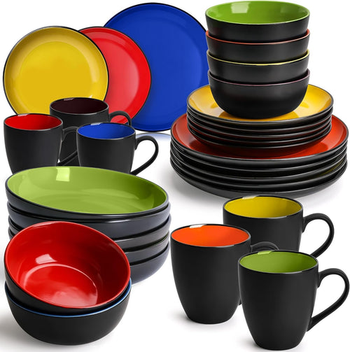 30pc Stoneware Dinner Set Mixed Colours Plates Bowls Mugs Service for 6