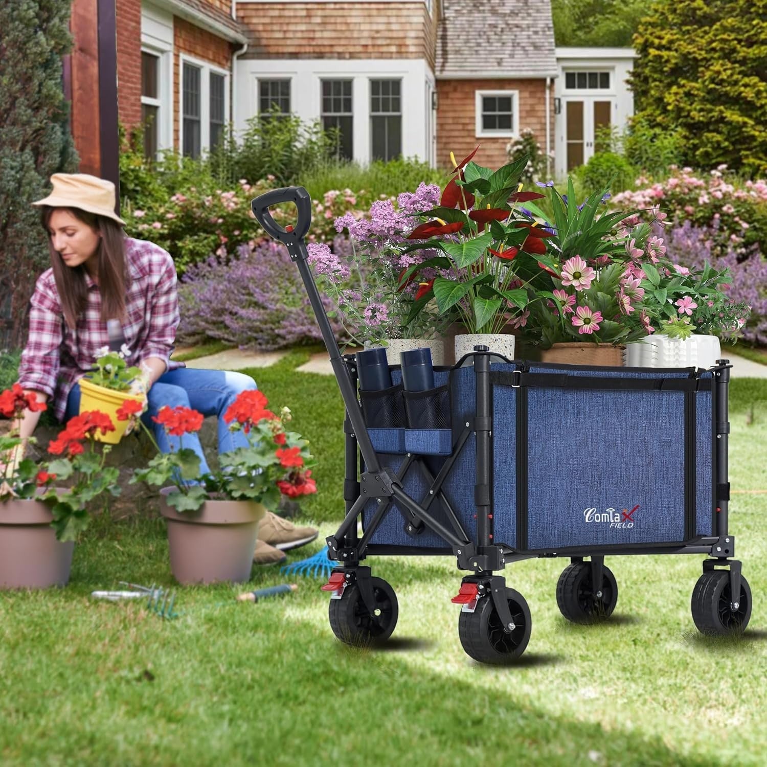 120L Folding Festival Trolley 100kg Capacity Beach Camping Wagon Wheels Blue